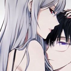 two anime characters are hugging each other in front of a white background with red eyes