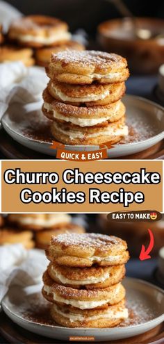 stack of churro cheesecake cookies with text overlay