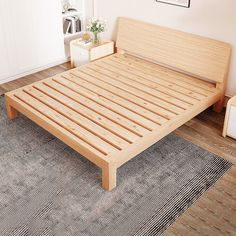 a bed with wooden slats in a room next to a rug on the floor