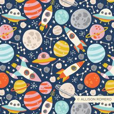 an image of a space themed wallpaper with rockets, planets and stars on it