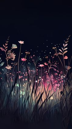 the grass is full of pink flowers in the dark night, and it looks like they are