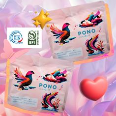 two packets of pono on a pink background with a heart and star in the middle