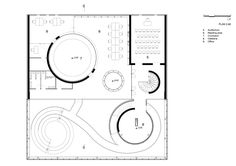 the floor plan for an office building with circular seating and spiral staircases on each side