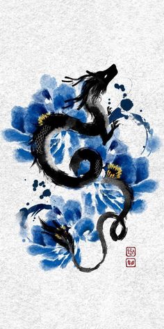 A Dragon, Tattoos, Flowers, Blue, Art