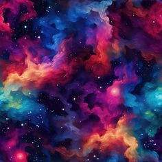 an image of colorful clouds in the sky with stars and space behind it on a black background