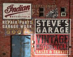 an old brick building with garage signs on the front and back wall, including motorcycle repair