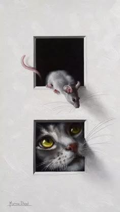 a painting of a cat and a rat looking out of a hole in the wall