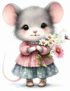 a little mouse with flowers in her hand