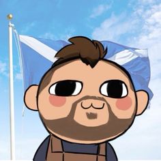 a cartoon man with a beard standing in front of a flag and looking at the camera