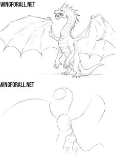 how to draw a dragon with wings and tail, step by step instructions for beginners