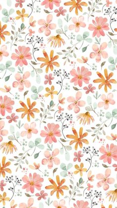 a white background with pink, yellow and green flowers