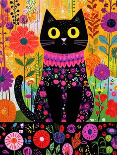 a painting of a black cat sitting in the middle of flowers