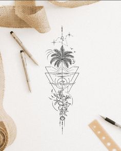 a pen and some scissors on top of a piece of paper with an image of a palm tree