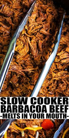 slow cooker barbacoa beef melts in your mouth with text overlay