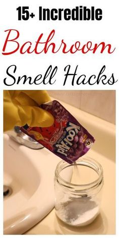 a bathroom sink with the words, 15 incredible bath room smell hacks on it