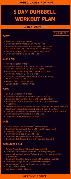 the 5 day dumbbell workout plan is shown in black and orange with an orange background