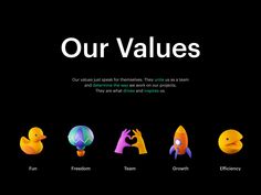 an image of the four different types of logos on a black background with text that reads our values