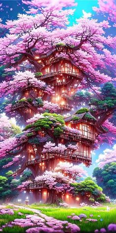 an image of a tree house with pink flowers in the trees and lights on it