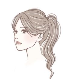 a drawing of a woman's face with her hair in a pony tail style