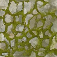 an abstract painting of rocks and grass in shades of gray, green and white with some yellow highlights