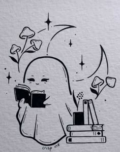 a drawing of a person reading a book