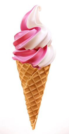 an ice cream cone with pink and white icing on top, isolated against a white background