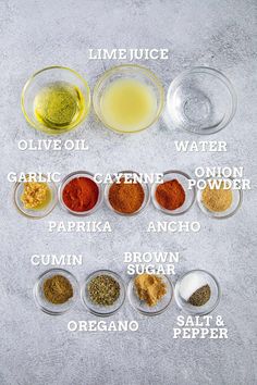 the ingredients to make this recipe are shown in small bowls and labeled with different types of spices