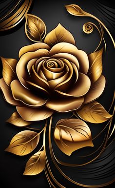 a gold rose with leaves on a black background