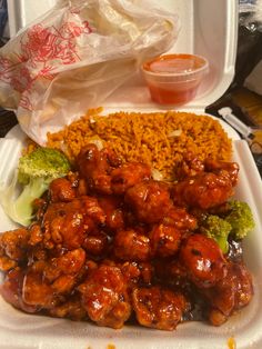 a plastic container filled with chicken and rice next to broccoli covered in sauce