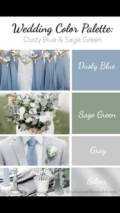 wedding color palettes dusty blue and sage green with text overlaying the image