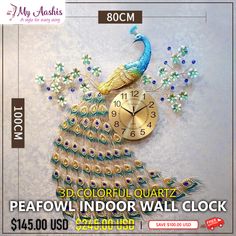 3D Quartz Peafowl Indoor Wall Clock Peacock Bedroom, European Living Room, Analog Clock, Metal Clock, Modern Clock