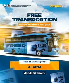 a flyer for a free transportation event with an image of a blue and white bus