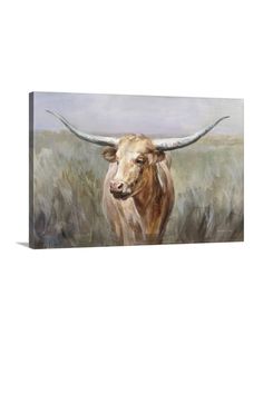 a painting of a bull with long horns on it's head in a field