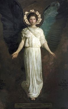 an angel standing in front of a painting