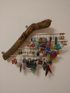 there is a tree branch hanging on the wall with earring hooks attached to it