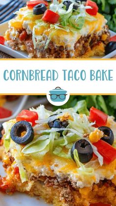 this cornbread taco bake is loaded with ground beef, cheese, black olives, tomatoes and lettuce