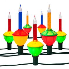 multi - colored lights are arranged in rows on a white background with black cords and one has a measuring tape