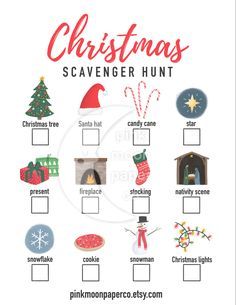 the christmas scavenger hunt is shown in red and white