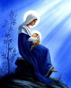 a painting of the virgin mary holding a baby in her lap and looking up at the sky