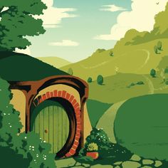 an illustration of a hobbot door in the middle of a green field with trees