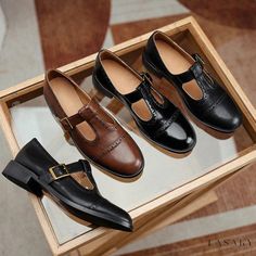 Lasaky - Hollow Out Round Toe Belt Buckle Single Shoes Low Heeled Mary Jane Vintage Shoes Mary Jane Shoes Flat, Oxford Boots, Brown Leather Shoes, Oxford Shoes Men, Leather Oxford Shoes, Low Heel Shoes, Poses References, Mary Jane Heels, Leather Mary Janes