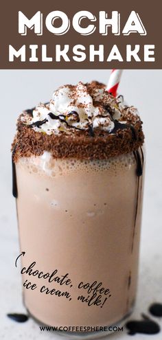 chocolate mocha milkshake in a glass with whipped cream and chocolate sprinkles