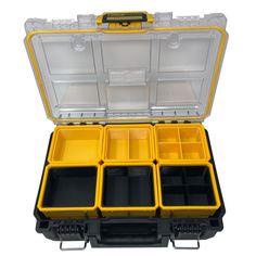 an open yellow and black case filled with lots of different compartments on top of each other