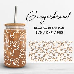 gingerbread mason jar with lid and straw in front of the image is an illustration of gingerbreads