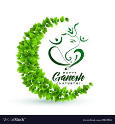 happy ganesh chaturth greeting card with green leaves in the shape of an elephant