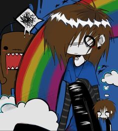 a drawing of a girl with long hair and glasses standing in front of a rainbow