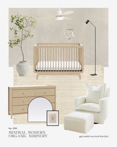 a baby's room with furniture and decor in shades of beige, white and grey