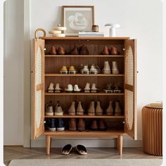 a wooden shelf filled with lots of shoes