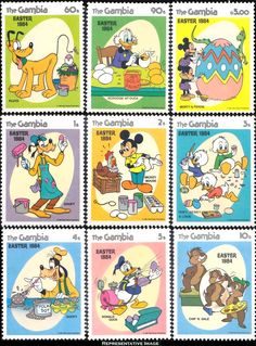 stamps with cartoon characters on them are in different colors and sizes, including mickey mouse