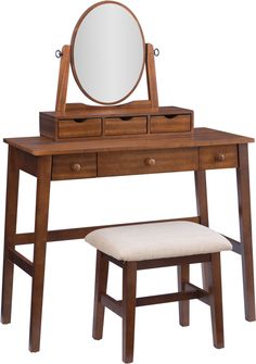 a wooden dressing table with mirror and stool